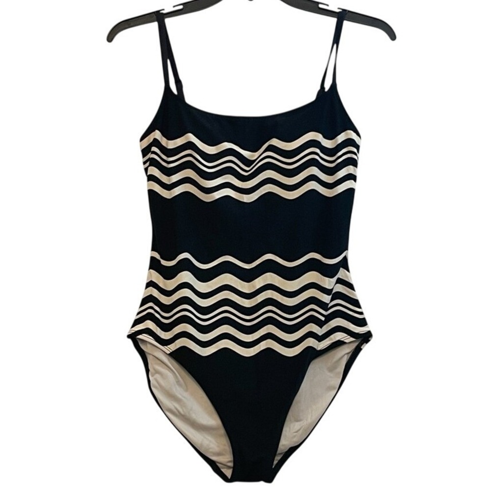 La Blanca Womens Wavy Stripe‎ One Piece Swimsuit Size 10 Black White LB4KD24